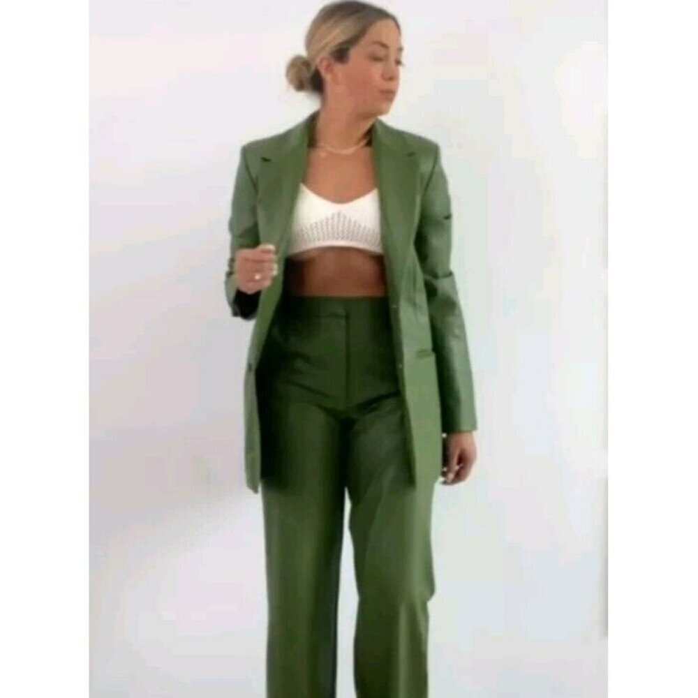 Zara Faux Leather Blazer Jacket Olive Green Size M 4432 740